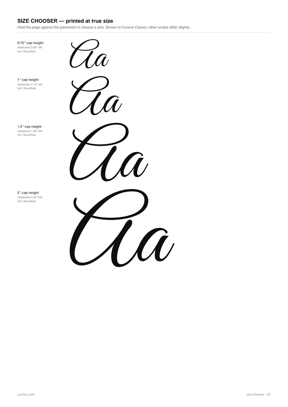 Size chooser page showing 0.75, 1, 1.5 and 2 inch cap heights