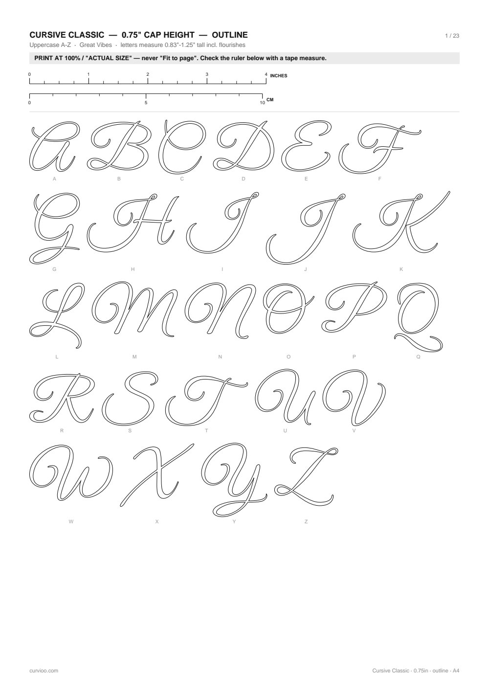 A stencil sheet of outline cursive capitals printed at true size