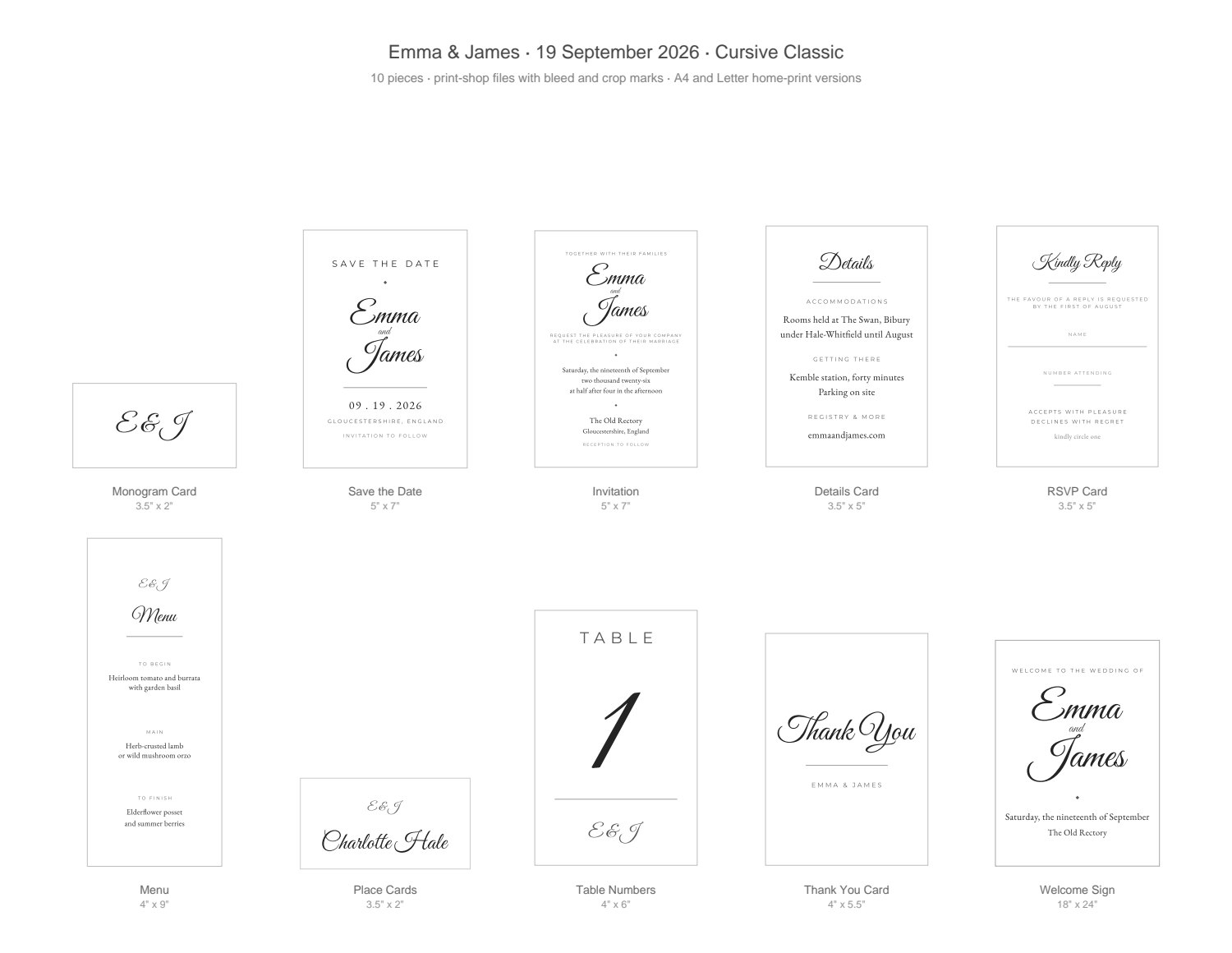 Overview of all ten wedding stationery pieces on one page